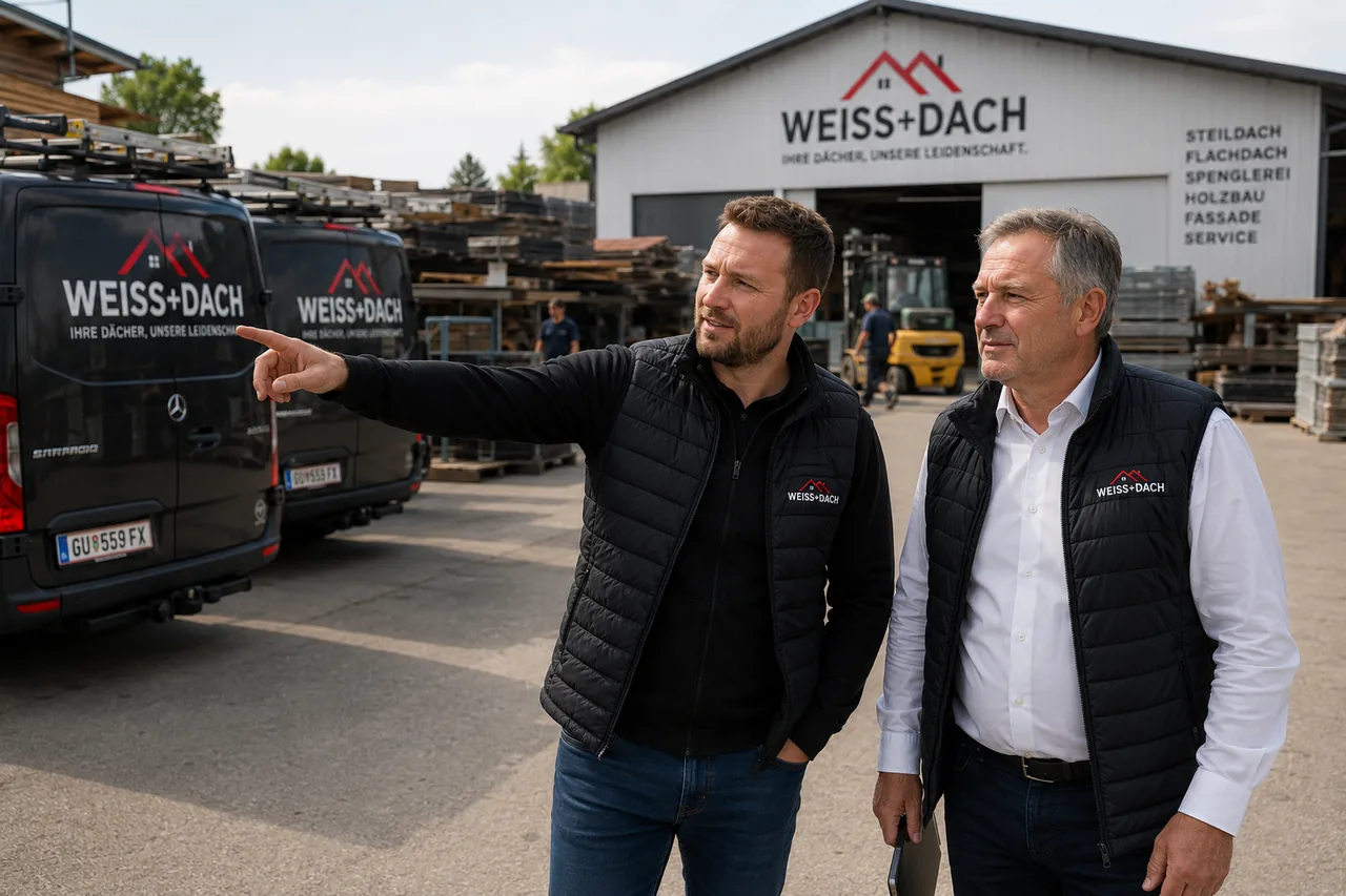 Ein jüngerer und ein älterer Mann stehen im Rahmen der Betriebsnachfolge gemeinsam auf dem Hof eines Dachdeckerbetriebs vor Firmenfahrzeugen und Lagerhalle, während der Jüngere in Richtung des Betriebs zeigt.