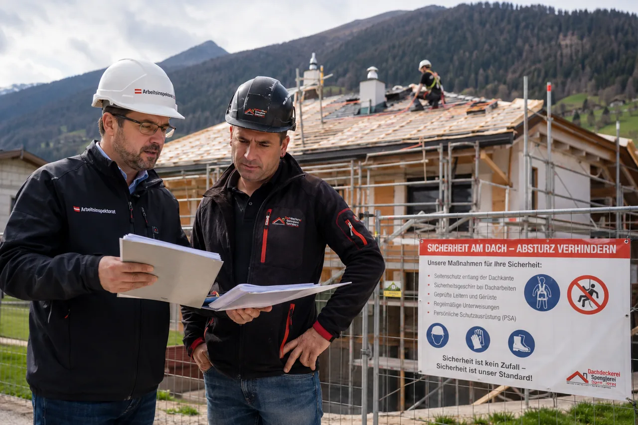 Zwei Männer mit Schutzhelmen prüfen vor einer Dachbaustelle Unterlagen zur Arbeitssicherheit, während im Hintergrund neben einem Banner zur Absturzsicherung ein Dachdecker am eingerüsteten Dachstuhl arbeitet.