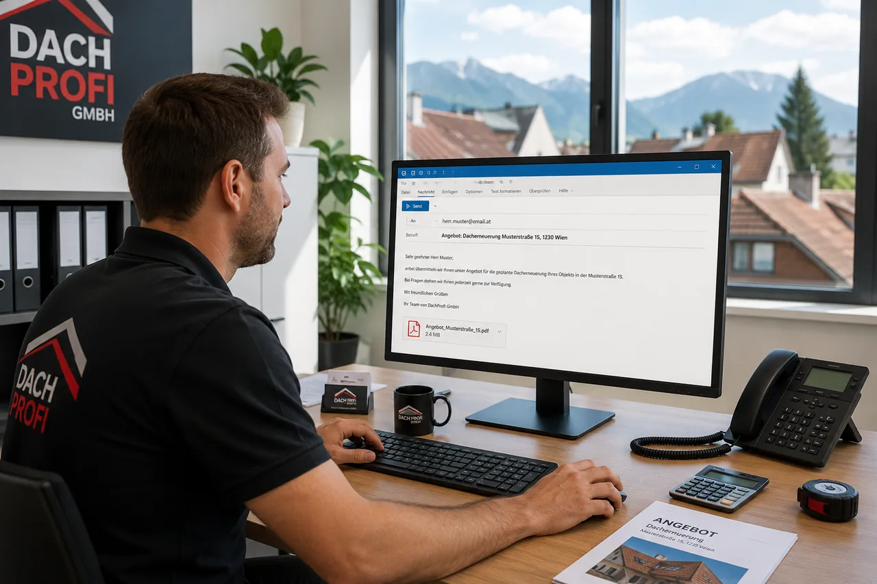 Ein Mitarbeiter eines Dachdeckerbetriebs sitzt im Buero am Computer und versendet per E-Mail ein Angebot fuer eine Dacherneuerung mit angehaengtem PDF an einen Kunden.