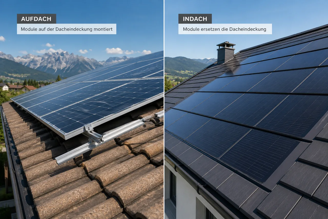 Bildvergleich zweier PV-Dach-Varianten, der links eine auf der Dacheindeckung aufgeständerte Aufdach-Photovoltaik und rechts eine flächenbündig integrierte Indach-PV-Anlage auf einem Steildach zeigt.
