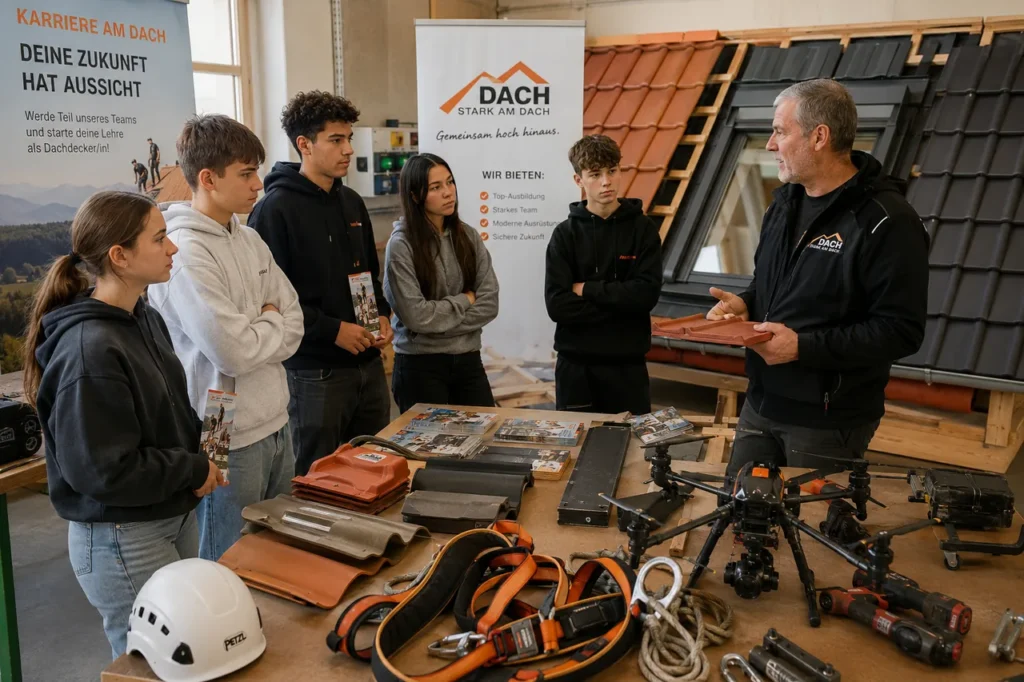 Erfahrener Dachdecker erklärt einer Gruppe interessierter Jugendlicher an einem Infostand mit Dachziegeln, Sicherheitsgurten und Werkzeug die Lehre und Ausbildung im Dachdeckerhandwerk.