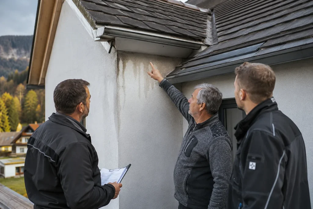 Zwei Dachdecker mit Klemmbrett und ein Kunde stehen vor einem Haus und begutachten gemeinsam eine feuchte Stelle an der Fassade unterhalb der Dachtraufe im Rahmen des Mängelmanagements.
