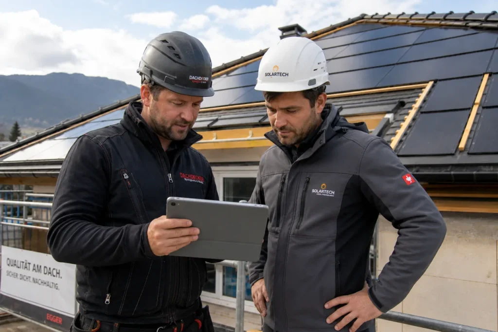 Dachdecker und Solarteur mit Schutzhelmen besprechen bei der PV-Dach-Projektplanung gemeinsam auf einem Tablet die Details vor einem mit Photovoltaik belegten Steildach.
