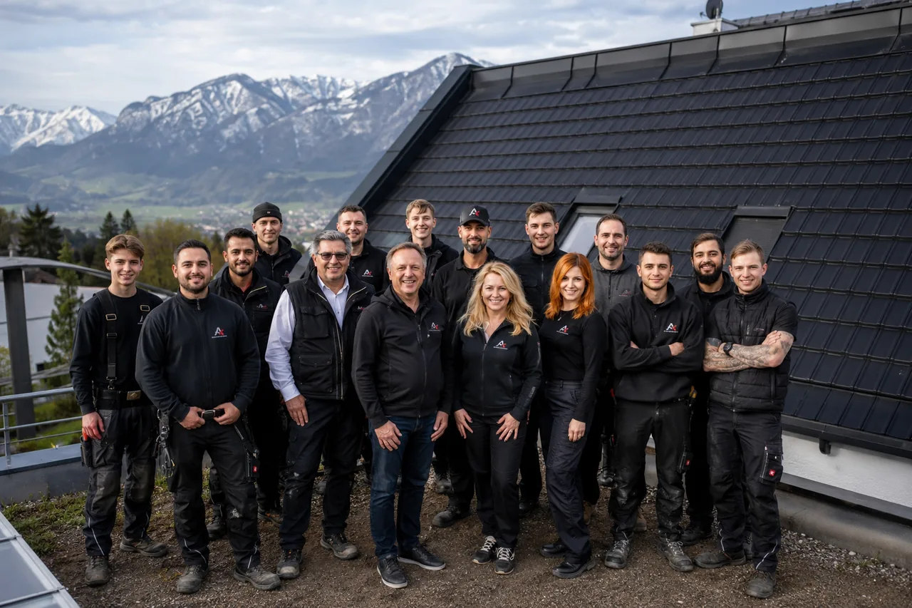 Komplettes Dachdecker-Team aus jungen und erfahrenen Fachkräften steht für ein Gruppenfoto vor einem dunklen Ziegeldach mit verschneitem Bergpanorama im Hintergrund.