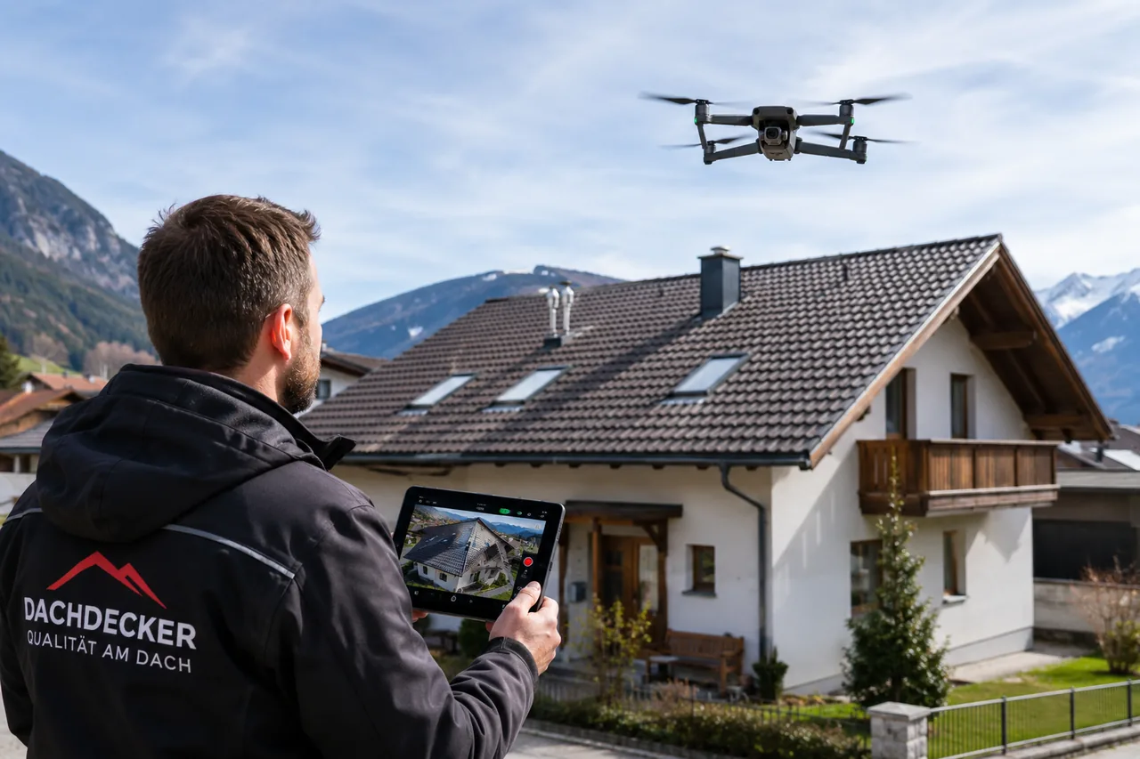 Dachdecker steuert bei der Drohnen-Dachinspektion per Tablet eine über einem Wohnhaus mit Ziegeldach schwebende Drohne und sieht die Luftaufnahme des Daches auf dem Display.