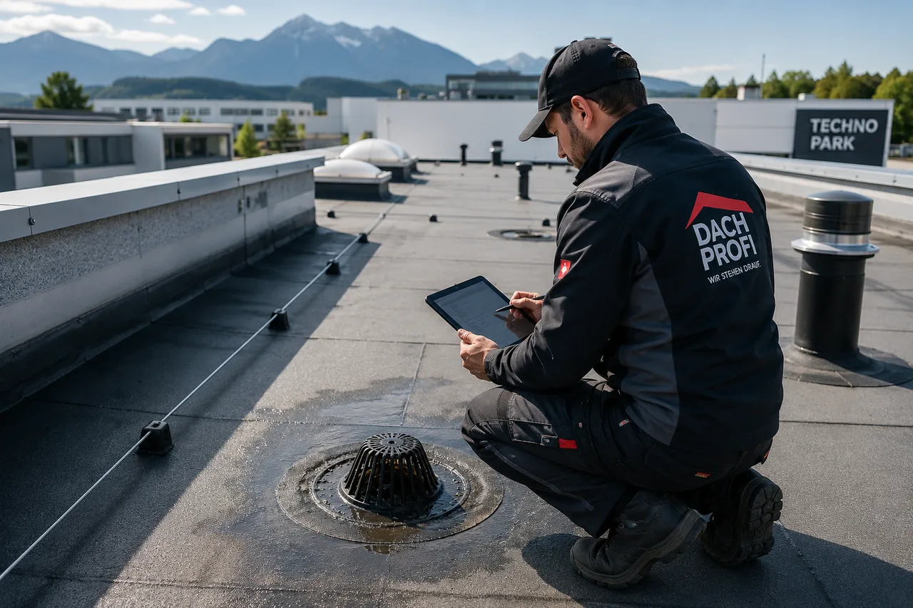 Dachdecker kniet im Rahmen der Dachwartung auf einem Flachdach mit Bergpanorama und dokumentiert den Zustand eines Dachablaufs digital auf einem Tablet.
