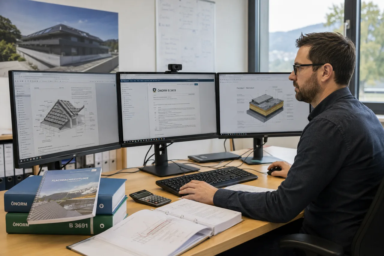 Ein Fachplaner arbeitet am Schreibtisch mit drei Monitoren, auf denen ÖNORM-Regelwerke und Dachaufbau-Details angezeigt werden, neben ihm liegen Ordner mit ÖNORM- und Flachdachrichtlinien.