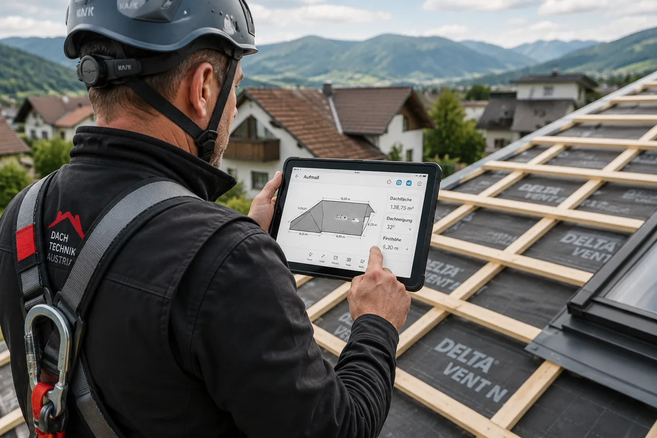 Ein gesicherter Dachdecker mit Helm nimmt auf einer unterspannten Dachlattung mit dem Tablet ein digitales Aufmaß auf, das Dachfläche, Dachneigung und Firsthöhe direkt in der Branchensoftware anzeigt.