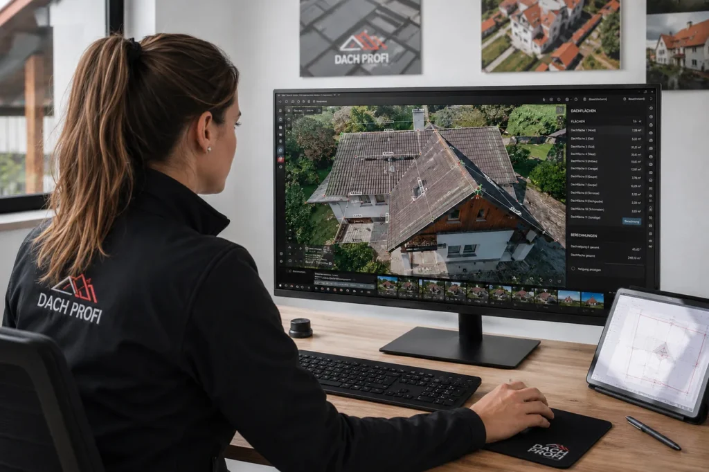 Mitarbeiterin erstellt am Bildschirm ein digitales Aufmaß, bei dem die einzelnen Dachflächen einer Drohnenaufnahme vermessen und mit Flächenberechnungen aufgelistet werden.