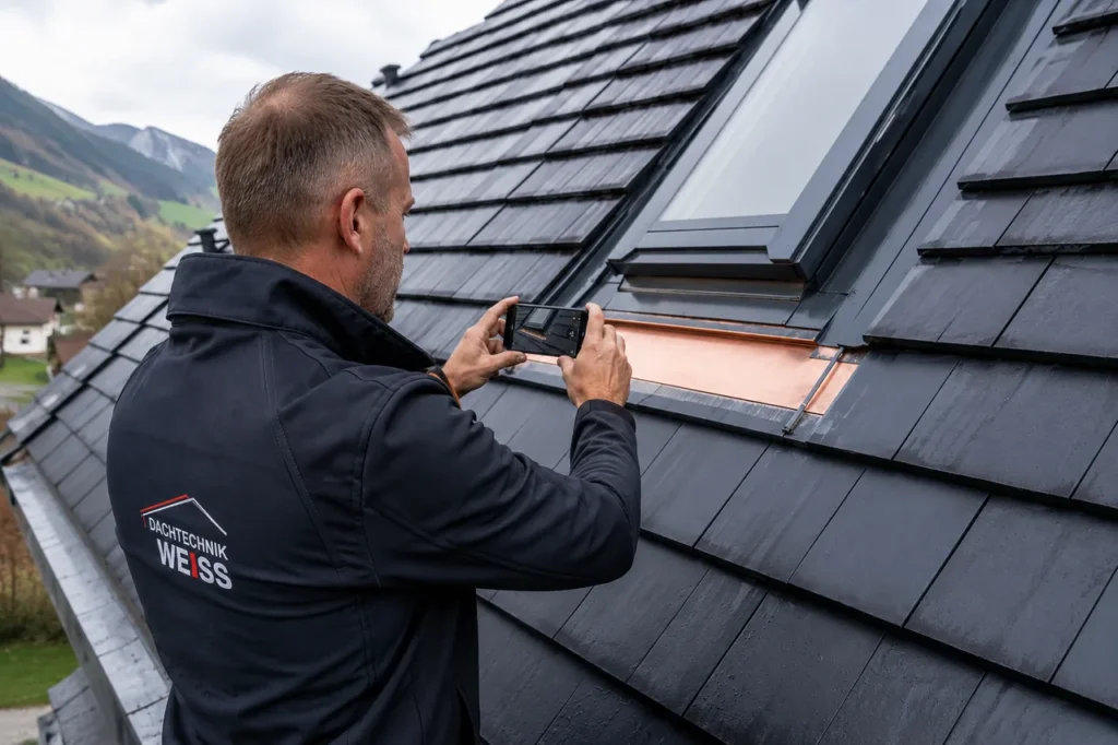 Ein Dachdecker fotografiert mit dem Smartphone das frisch mit Kupferblech eingefasste Detail eines Dachfensters auf einem dunklen Ziegeldach und erstellt so eine digitale Fotodokumentation mit seiner Branchensoftware.