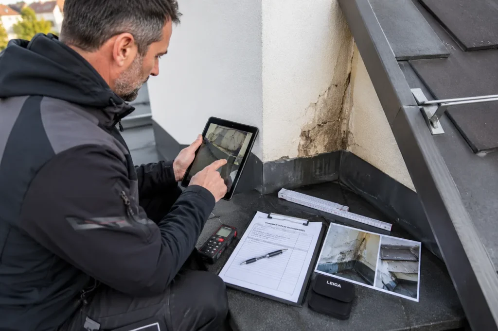 Dachdecker kniet auf einem Flachdach und hält die fotografische Dokumentation eines Dachmangels fest, indem er die Feuchtstelle mit dem Tablet fotografiert und daneben Protokoll, Laser-Distanzmesser und Zollstock bereitliegen.