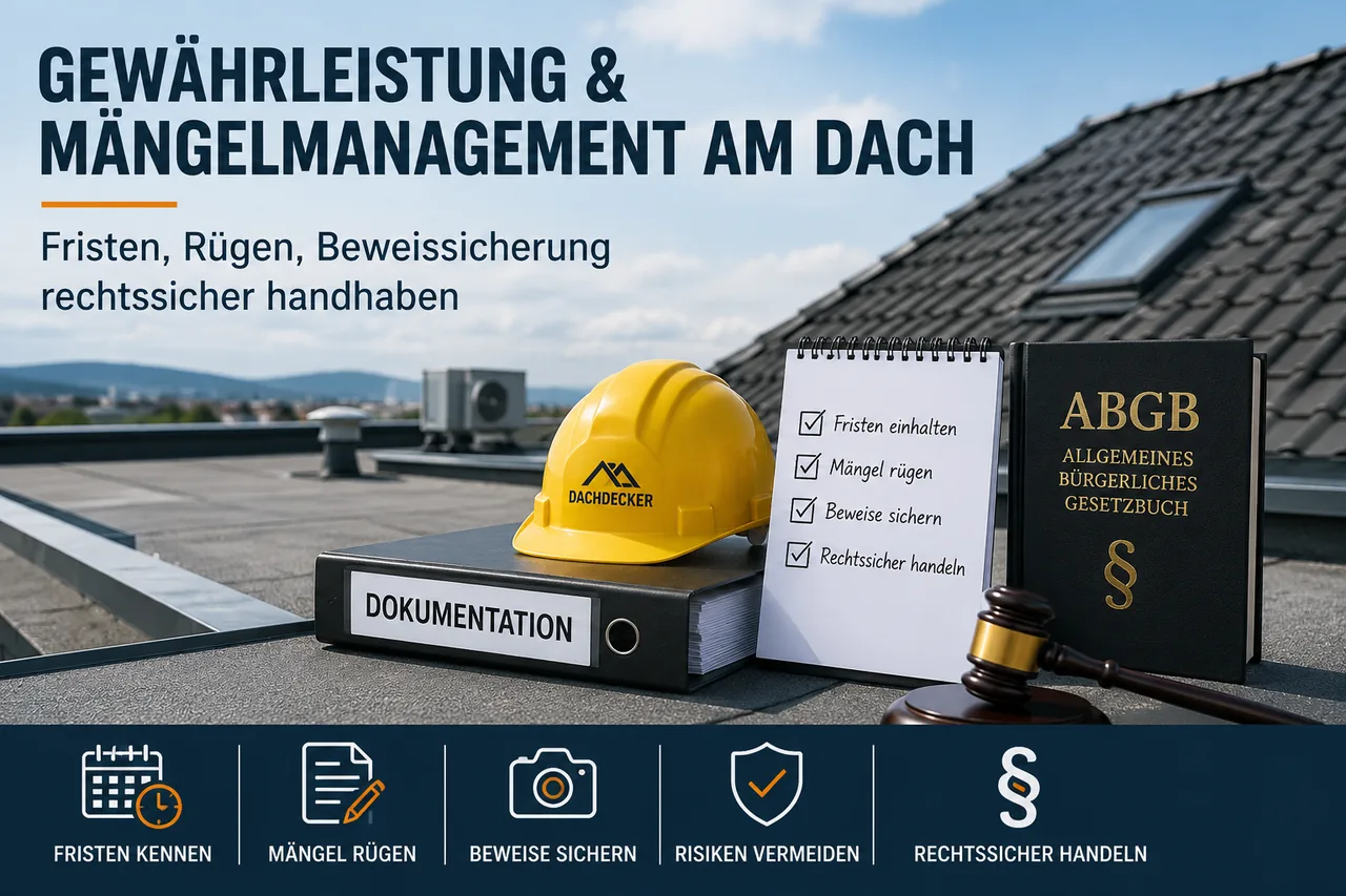Titelgrafik zum Thema Gewährleistung und Mängelmanagement am Dach mit gelbem Schutzhelm auf einem Dokumentationsordner, Checkliste, Richterhammer und Gesetzbuch vor einer Dachlandschaft.