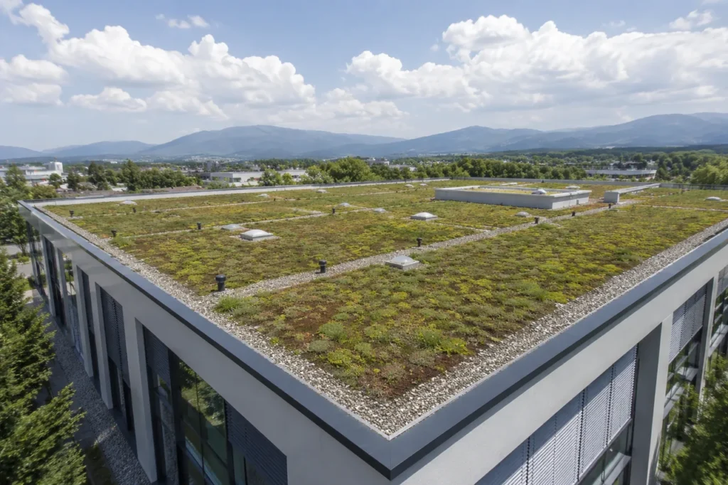 Weitläufig extensiv begrüntes Flachdach eines modernen Bürogebäudes mit Sedumbewuchs und Kiesstreifen, im Hintergrund eine hügelige Landschaft als Beispiel für gelungene Dachbegrünung.
