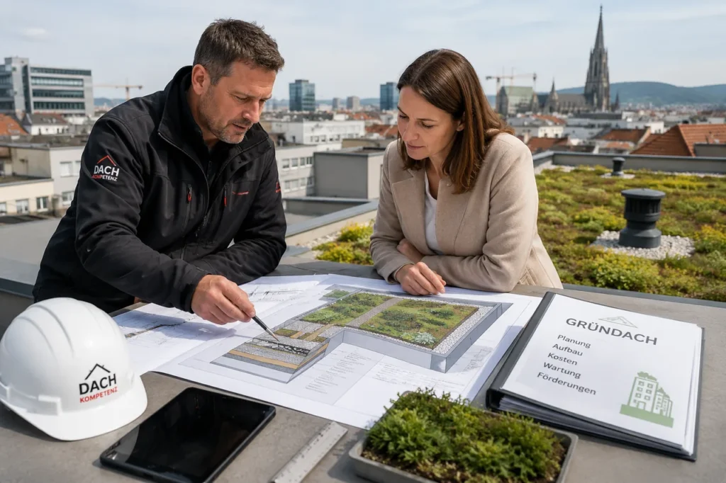 Dachdecker im Arbeitsdress berät auf einer Dachterrasse eine Kundin und zeigt mit dem Stift auf einen Gründach-Aufbauplan, daneben liegen Bauhelm, ein Gründach-Ordner und eine Schale mit Pflanzensubstrat vor städtischer Kulisse.