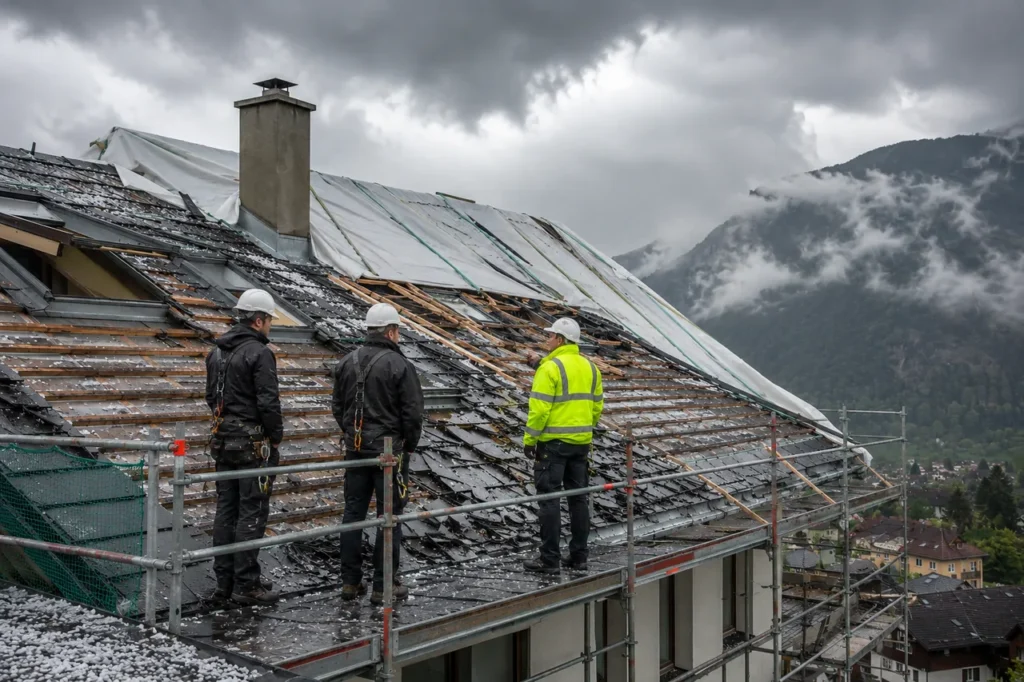 Drei Dachdecker mit Schutzhelmen stehen auf einem Gerüst vor einem hagelbedeckten, teils abgedeckten Dach und begutachten den Unwetterschaden – ein typischer Fall für die Betriebshaftpflicht während einer Dachrenovierung.