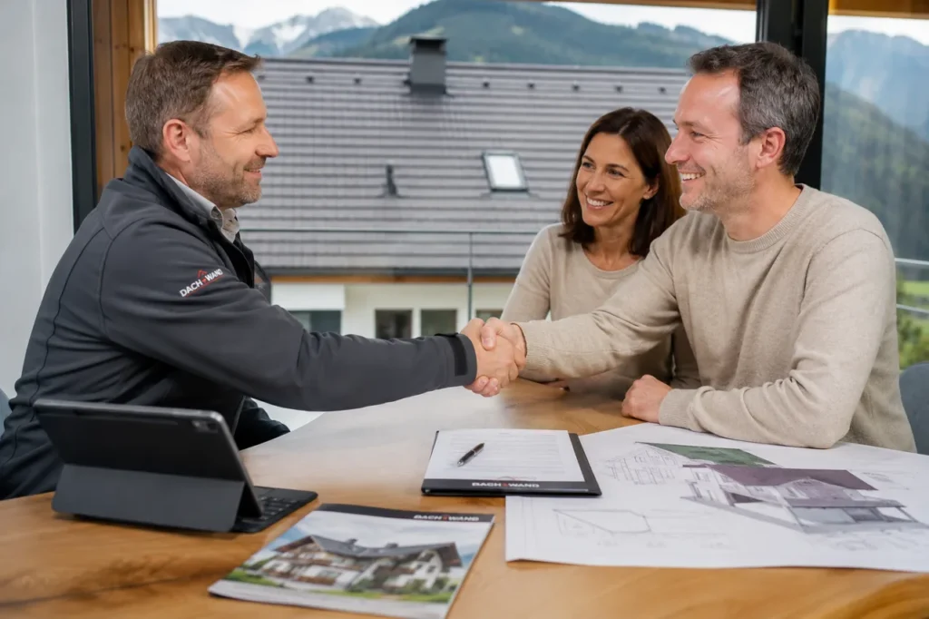 Ein Dachdecker reicht am Besprechungstisch einem Kundenpaar laechelnd die Hand zum Vertragsabschluss, vor ihnen liegen Angebotsunterlagen und Bauplaene fuer das neue Dach.