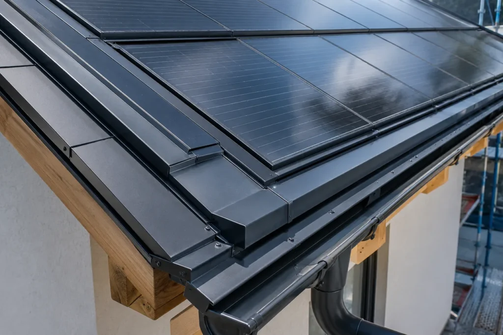 Detailaufnahme einer dachintegrierten Indach-PV-Anlage, bei der die schwarzen Solarmodule flächenbündig in die anthrazitfarbene Dacheindeckung mit Traufblech und Dachrinne übergehen.