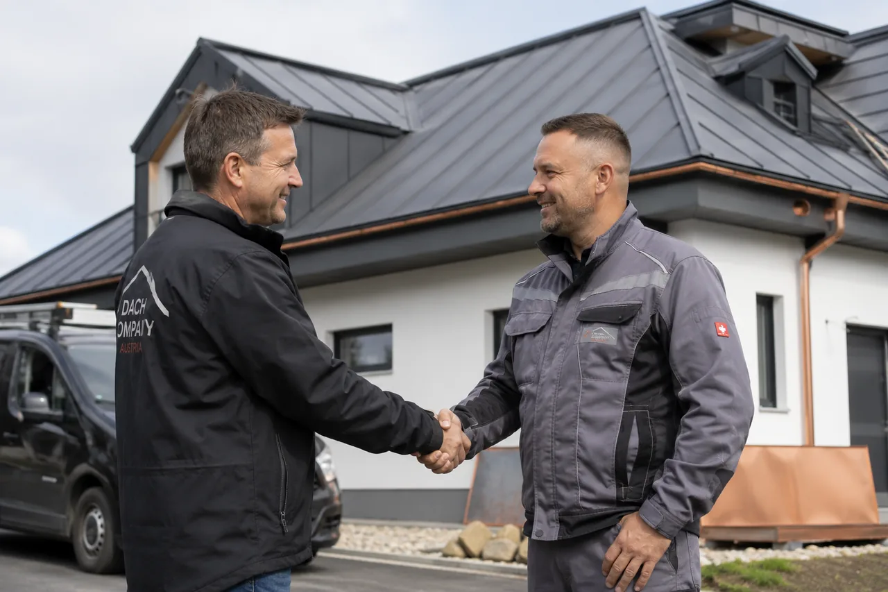 Zwei Handwerker aus verschiedenen Betrieben reichen sich vor einem Wohnhaus mit dunklem Metalldach lächelnd die Hand und besiegeln damit ihre Kooperation, im Hintergrund ein Firmentransporter.