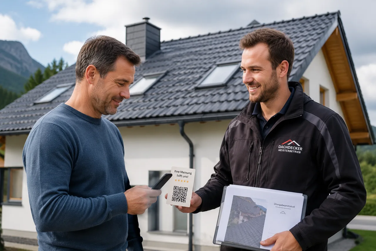 Dachdecker im Arbeitsdress hält einem Kunden vor einem fertig eingedeckten Wohnhaus eine Karte mit QR-Code und der Aufschrift für eine Bewertung hin, während der Kunde diesen mit dem Smartphone scannt.