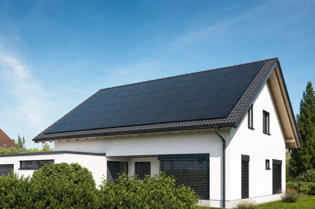 Modernes Einfamilienhaus mit dunklem Ziegeldach, das flächig mit schwarzen Modulen einer fertigen Photovoltaik-Anlage in Auf-Dach-Montage belegt ist.