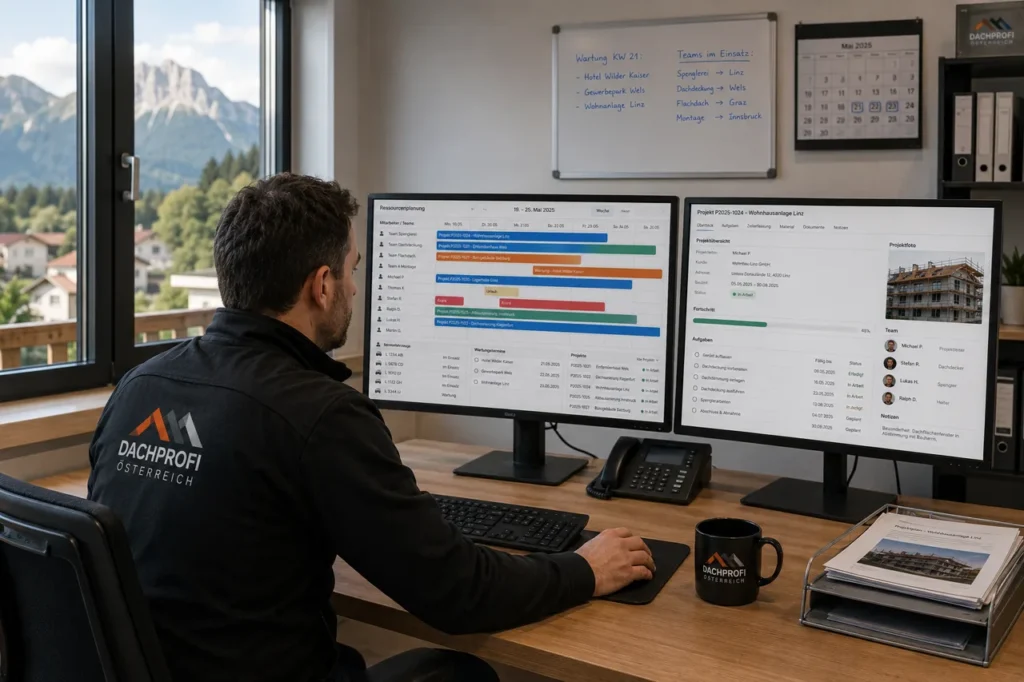 Ein Mitarbeiter eines Dachdeckerbetriebs steuert am Zwei-Monitor-Arbeitsplatz die Projektkoordination in einer Branchensoftware mit Ressourcenplanung und Projektübersicht, während im Hintergrund eine Planungstafel und ein Kalender die Einsätze zeigen.