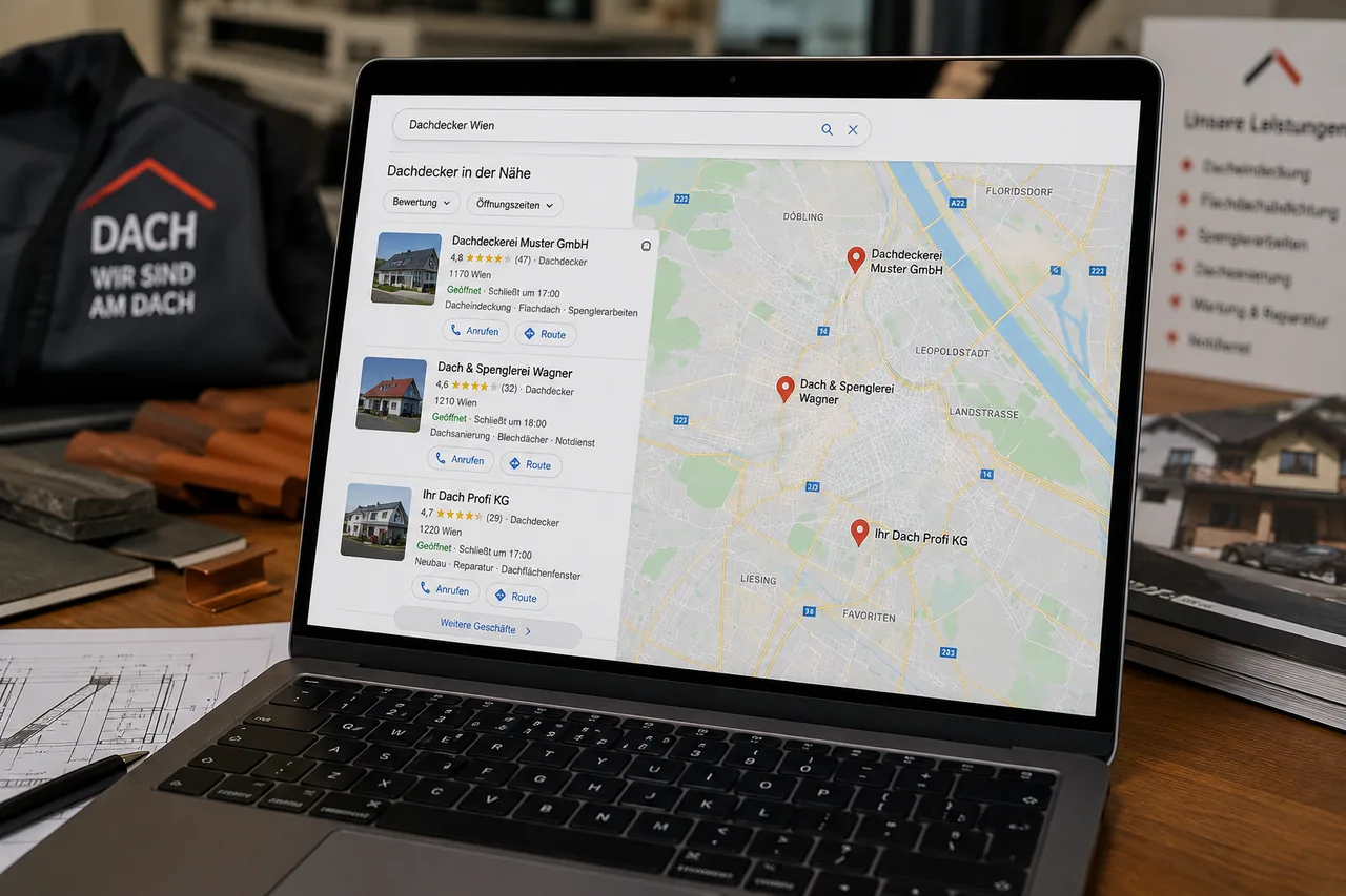 Laptop auf einem Schreibtisch zeigt eine Google-Maps-Suche nach Dachdeckern mit dem lokalen Kartenausschnitt und mehreren Betriebseinträgen samt Bewertungen im Local Map Pack.