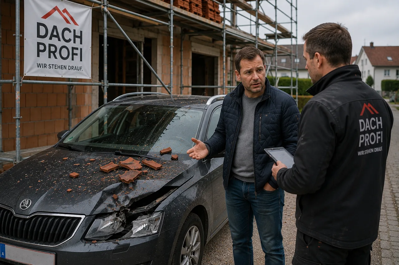 Ein Dachdecker mit Tablet und ein Kunde begutachten vor einer Baustelle ein Auto, auf dessen Motorhaube herabgefallene Dachziegel Dellen und einen Schaden verursacht haben – ein klassischer Haftpflichtfall für Dachdeckerbetriebe.