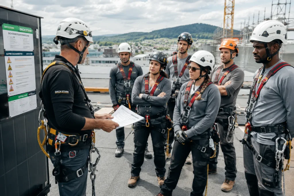 Ein Vorarbeiter führt auf einem Flachdach vor einer Sicherheitstafel eine Sicherheitsunterweisung mit einem Team gesicherter Dachdecker durch, um Personenschäden vorzubeugen und den Versicherungsschutz zu wahren.