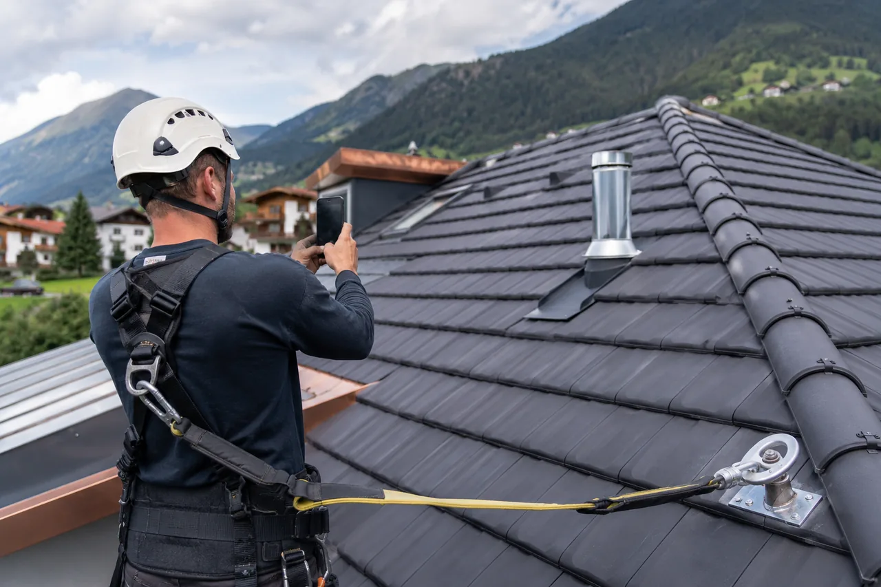 Ein gesicherter Dachdecker mit Helm und Auffanggurt fotografiert mit dem Smartphone ein frisch gedecktes Ziegeldach, um Baustellen-Content für Social Media festzuhalten.