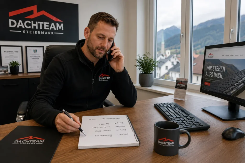 Ein Dachdecker im Buero telefoniert mit einem Kunden und macht sich dabei Notizen zu Projekt, Zeitplan und Budget, um vom Angebot zum Auftrag zu kommen.