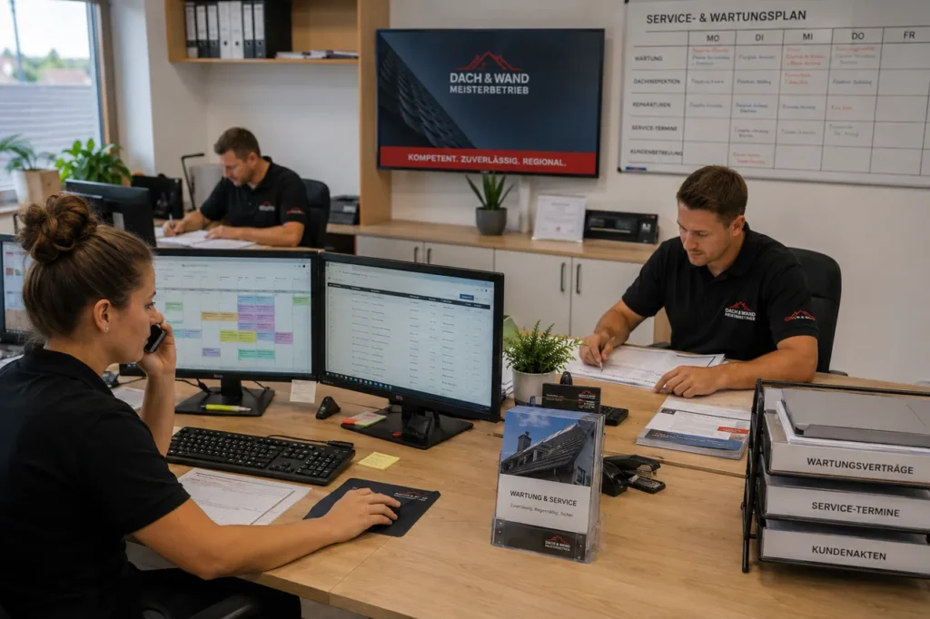 Mitarbeiterin und Dachdecker im Büro planen am Schreibtisch vor einem großen Service- und Wartungsplan die Termine der Wartungskunden.