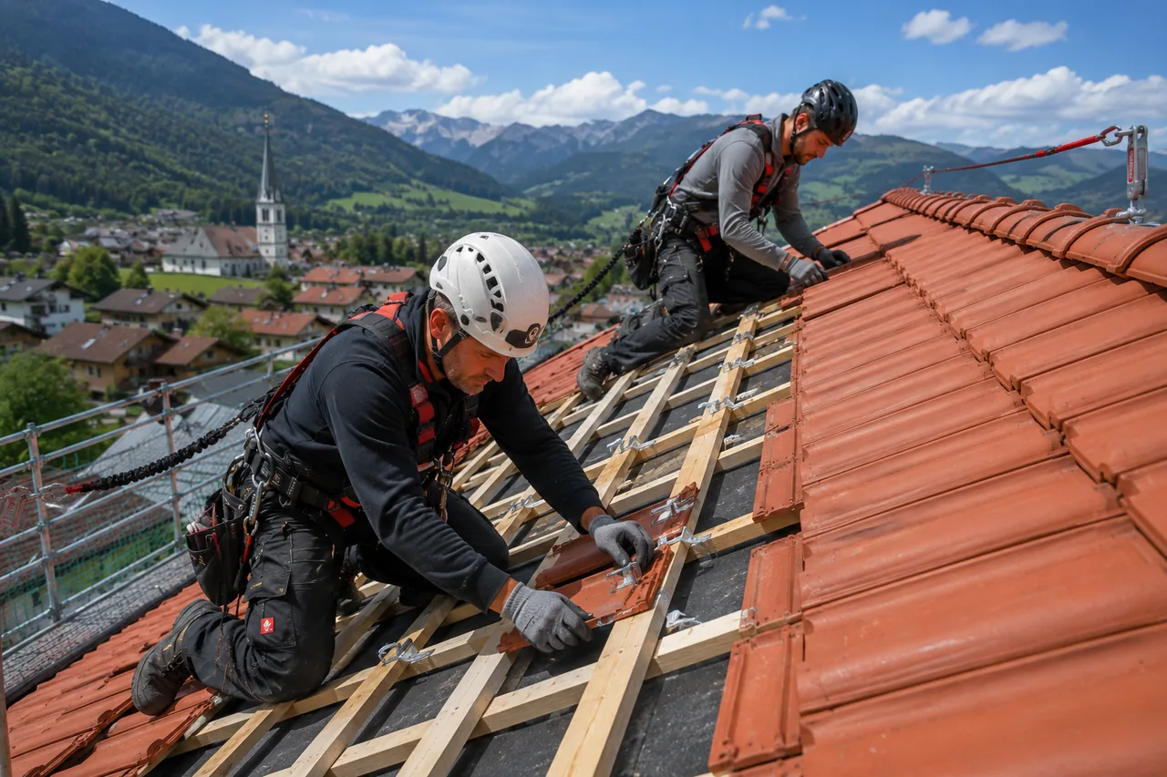 Zwei gesicherte Dachdecker mit Helm und Seilsicherung verlegen auf einem Steildach im Alpenraum Tondachziegel und bringen die Sturmklammern für die normgerechte Windsogsicherung an.