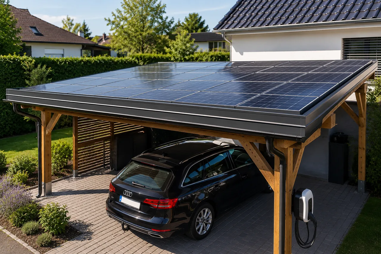 Ein modernes Carport mit einem flach geneigten, mit Photovoltaik-Modulen gedeckten Dach überdacht einen schwarzen Kombi samt Wallbox zum Laden.
