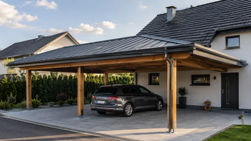 Ein an das Wohnhaus angebautes Holz-Carport mit anthrazitfarbenem Blechdach bietet einem grauen Kombi wetterfesten Schutz.