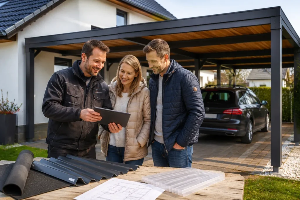 Ein Dachdecker zeigt einem Paar vor ihrem Carport am Tablet Materialmuster wie Trapezblech und Polycarbonat für das Decken des Carport-Dachs.