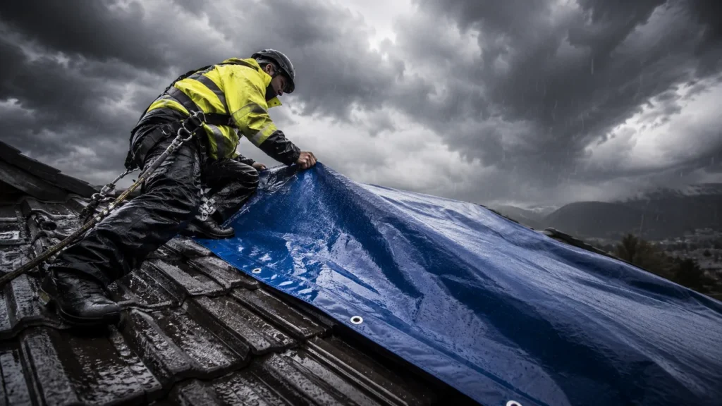 Ein Handwerker im Notdienst sichert bei Sturm und Starkregen ein undichtes Dach mit einer blauen Plane gegen eindringendes Wasser.