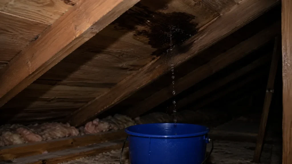 Auf einem dunklen Dachboden tropft bei einem undichten Dach Regenwasser von einem durchfeuchteten Sparren in einen blauen Eimer.