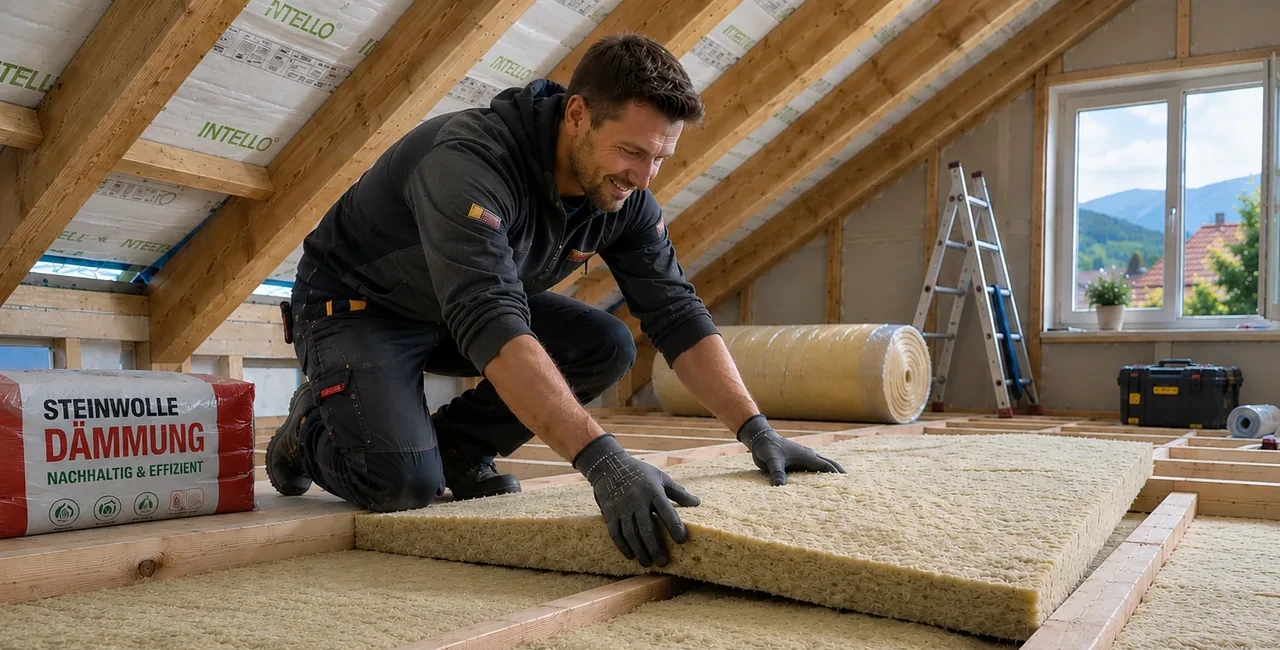 Ein Handwerker verlegt auf dem Dachboden Steinwolle-Dämmmatten zwischen den Balken und dämmt so als Dachdämmung die oberste Geschossdecke.