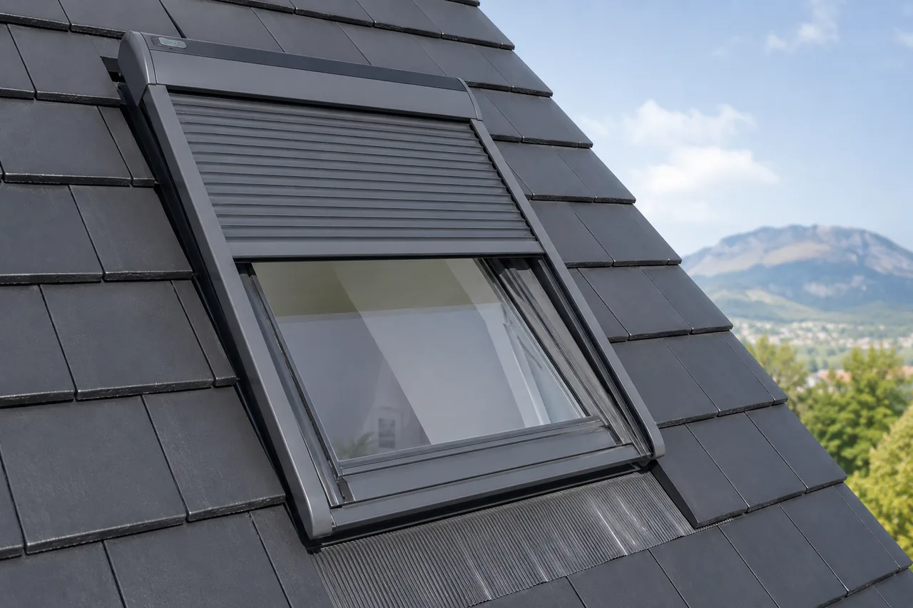 Modernes Dachfenster mit außen liegendem Rollladen auf einem dunkel geziegelten Dach, eine Zusatzausstattung, die beim Dachfenster austauschen für Hitze- und Sonnenschutz sorgt.
