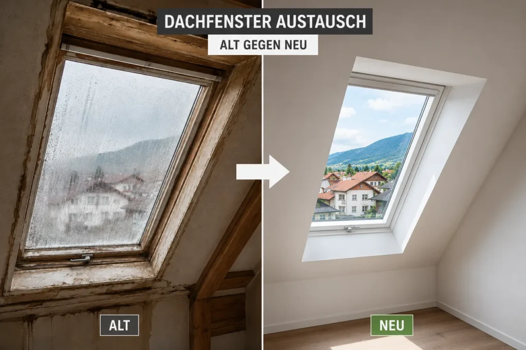 Vorher-Nachher-Vergleich beim Dachfenster austauschen mit links einem alten, beschlagenen Holzfenster und rechts einem neuen, dichten Fenster mit klarer Aussicht.
