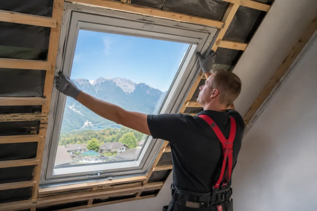 Handwerker setzt von innen aus der offenen Dachschräge ein neues Dachfenster in die Öffnung ein und zeigt den fachgerechten Einbau beim Dachfenster austauschen.