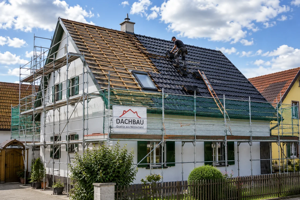 Dachdecker bei der Neueindeckung eines Steildachs mit neuen Tondachziegeln auf frischer Lattung.