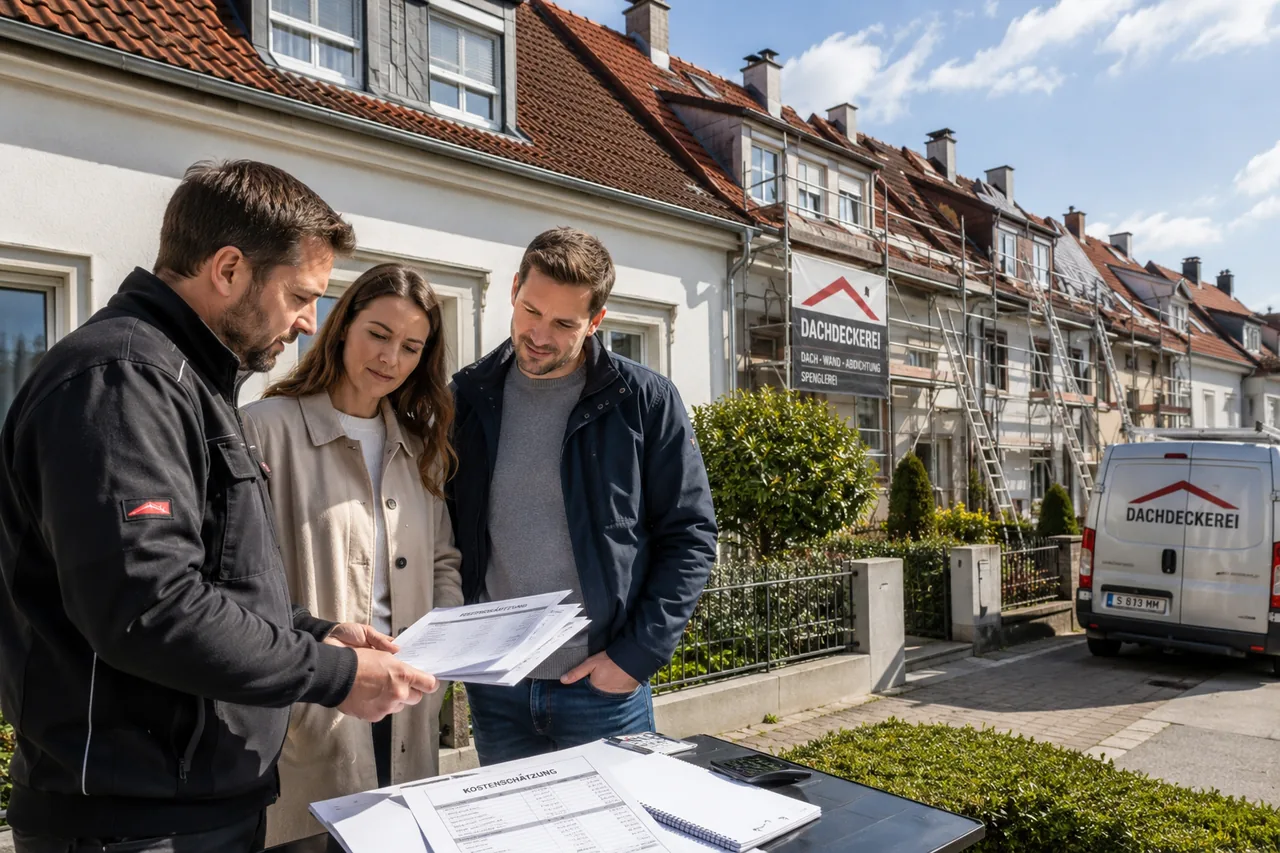 Dachdecker bespricht mit einem Eigentümerpaar die Kostenschätzung für die Dachsanierung vor einer eingerüsteten Reihenhauszeile.