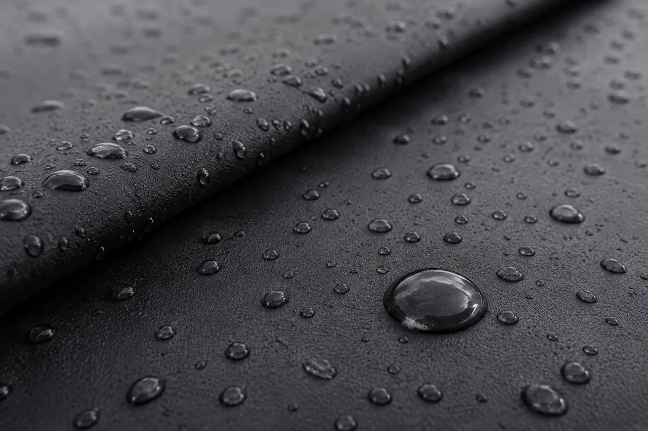 Nahaufnahme einer schwarzen EPDM-Folie mit abperlenden Wassertropfen, die die wasserdichte Oberfläche einer Flachdachabdichtung zeigt.