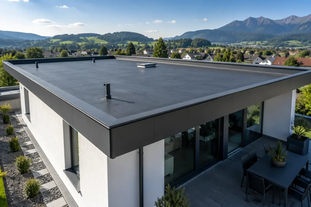 Modernes Flachdach eines weißen Wohnhauses mit frisch verlegter, schwarzer EPDM-Folie und Dachdurchführungen vor Bergpanorama als fertige Flachdachabdichtung.