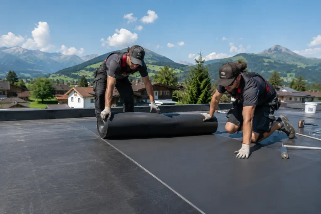 Zwei Dachdecker rollen auf einem Flachdach eine große Bahn EPDM-Folie aus und verlegen die Abdichtung einlagig vor alpiner Kulisse.