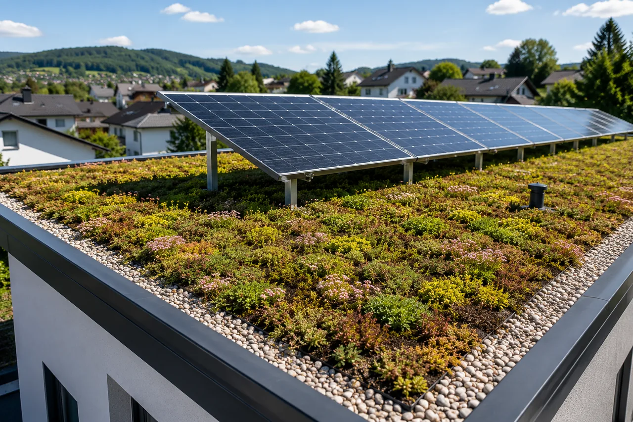 Fertiges extensives Gründach mit blühenden Sedumpflanzen auf einem Flachdach, darüber aufgeständerte Photovoltaikmodule vor hügeliger Wohnsiedlung.