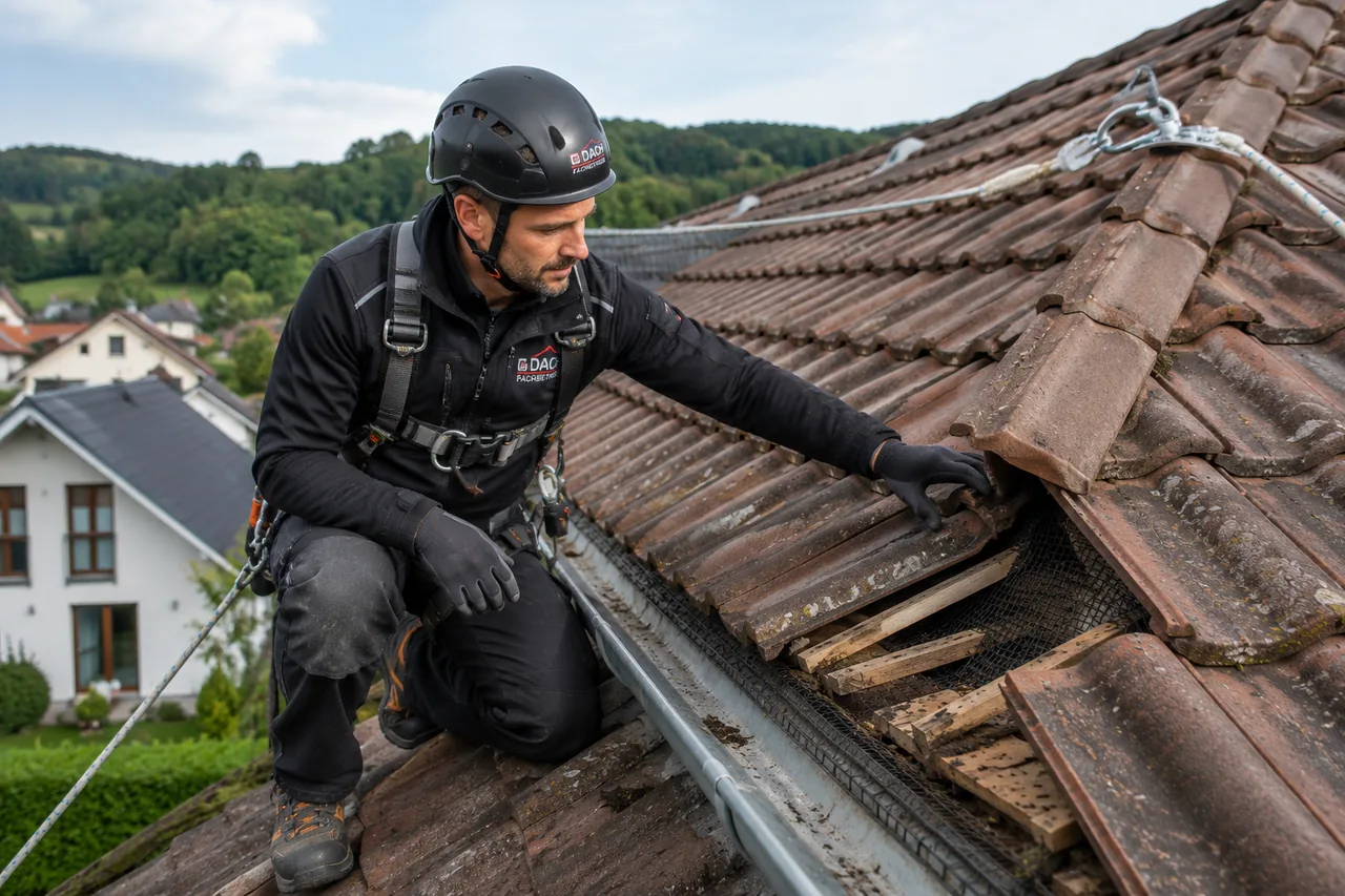 Mit Helm und Seil gesicherter Dachdecker hebt am Dachrand einzelne Ziegel an und inspiziert die Unterkonstruktion auf einen möglichen Marderschaden am Dach.