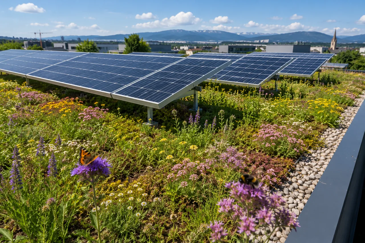 Ein artenreich begrüntes Biodiversitätsdach mit blühenden Stauden, einem Schmetterling und einer Hummel, über dem aufgeständerte Photovoltaik-Module als Solar-Gründach Strom erzeugen.