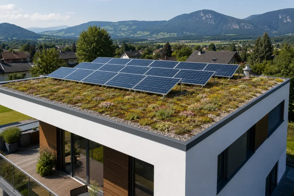 Das begrünte Flachdach eines modernen Wohnhauses kombiniert eine extensive Dachbegrünung mit aufgeständerten Photovoltaik-Modulen zu einem Solar-Gründach vor Bergpanorama.